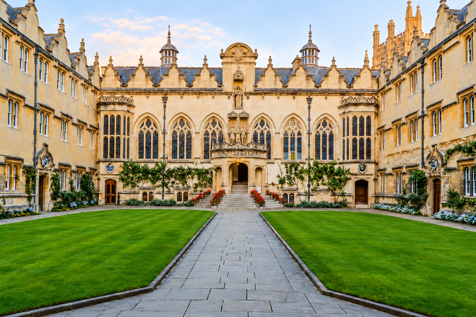 Oriel College courtyard, Oxford, with stone buildings, green lawns and a central path